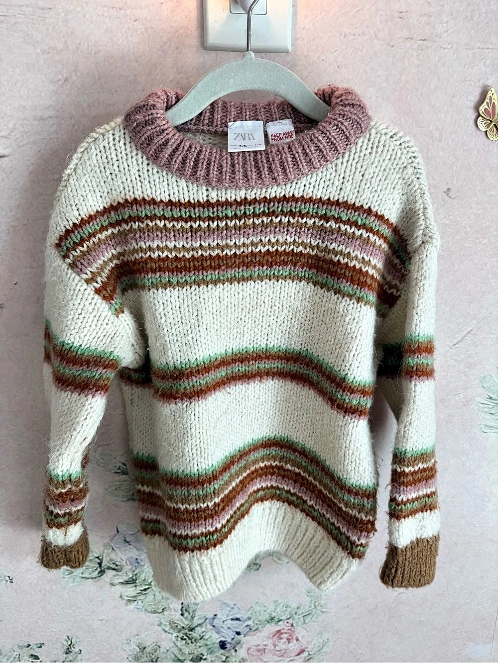 Zara Kids Striped Crewneck Sweater in Cream & Brown